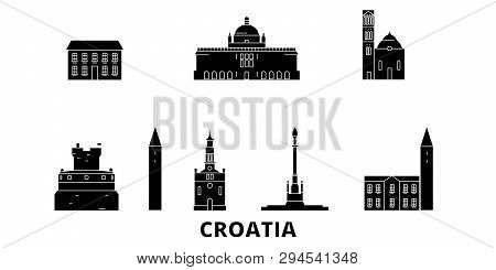 Croatia Flat Travel Skyline Set. Croatia Black City Vector Illustration, Symbol, Travel Sights, Land