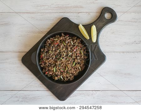 Indian Minced Meat Qeema On A White Wooden Table. Top View.