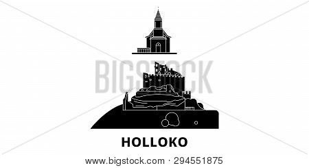 Hungary, Holloko, Old Village Flat Travel Skyline Set. Hungary, Holloko, Old Village Black City Vect