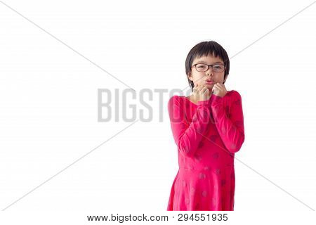 Portrait Asian Cute Girl With Surprised And Shocked Face For Advertisement And Billboard. Studio Sho
