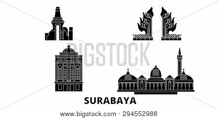 Indonesia, Surabaya Flat Travel Skyline Set. Indonesia, Surabaya Black City Vector Illustration, Sym