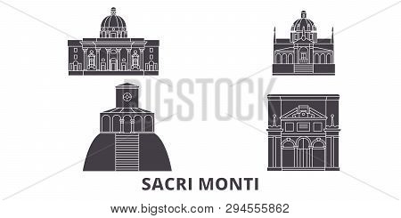 Italy, Piedmont And Lombardy, Sacri Monti Flat Travel Skyline Set. Italy, Piedmont And Lombardy, Sac