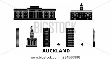 New Zealand, Auckland Flat Travel Skyline Set. New Zealand, Auckland Black City Vector Illustration,