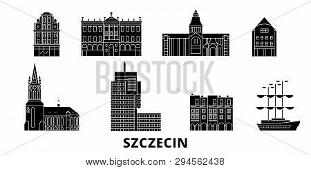 Poland, Szczecin Flat Travel Skyline Set. Poland, Szczecin Black City Vector Illustration, Symbol, T