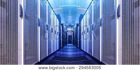 Art Visualization Corridor Of Data Warehouse In Warning Red Toning. Design Web Hosting Technology Bi