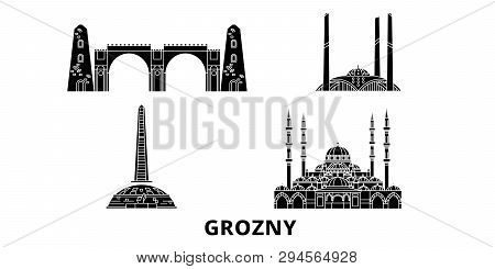 Russia, Grozny Flat Travel Skyline Set. Russia, Grozny Black City Vector Illustration, Symbol, Trave