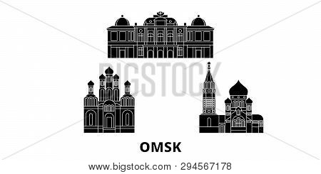 Russia, Omsk Flat Travel Skyline Set. Russia, Omsk Black City Vector Illustration, Symbol, Travel Si