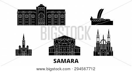 Russia, Samara Flat Travel Skyline Set. Russia, Samara Black City Vector Illustration, Symbol, Trave