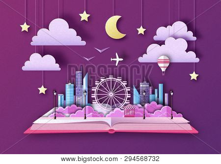 Open Fairy Tale Book With City Landscape And Ferris Wheel. Cut Out Paper Art Style Design