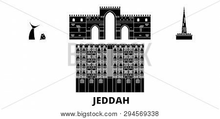 Saudi Arabia, Jeddah Flat Travel Skyline Set. Saudi Arabia, Jeddah Black City Vector Illustration, S