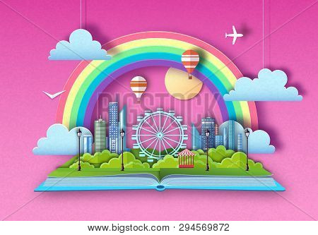 Open Fairy Tale Book With City Landscape And Ferris Wheel. Cut Out Paper Art Style Design