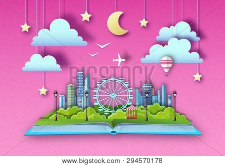 Open Fairy Tale Book With City Landscape And Ferris Wheel. Cut Out Paper Art Style Design