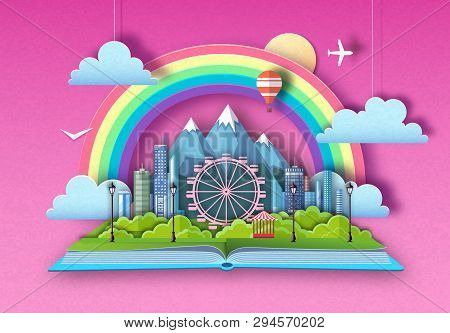 Open Fairy Tale Book With City Landscape, Ferris Wheel And Mountains. Cut Out Paper Art Style Design