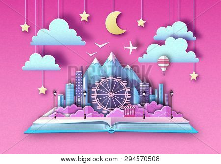 Open Fairy Tale Book With City Landscape, Ferris Wheel And Mountains. Cut Out Paper Art Style Design
