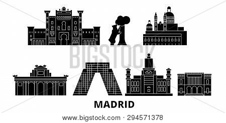 Spain, Madrid Flat Travel Skyline Set. Spain, Madrid Black City Vector Illustration, Symbol, Travel 