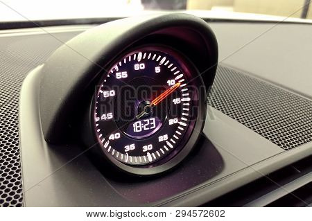 Moscow, Russia - April 01, 2019: Porsche 911 Sport Chrono Option, Chronometer In Interior Of Premium