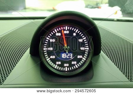 Moscow, Russia - April 01, 2019: Porsche 911 Sport Chrono Option, Chronometer In Interior Of Premium