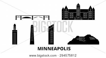 United States, Minneapolis Flat Travel Skyline Set. United States, Minneapolis Black City Vector Ill