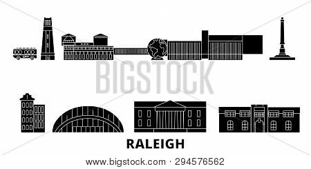 United States, Raleigh Flat Travel Skyline Set. United States, Raleigh Black City Vector Illustratio