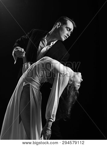 True Love At Its Finest. Couple Of Mime Artists Perform Romance On Stage. Mime Man And Woman Act In 