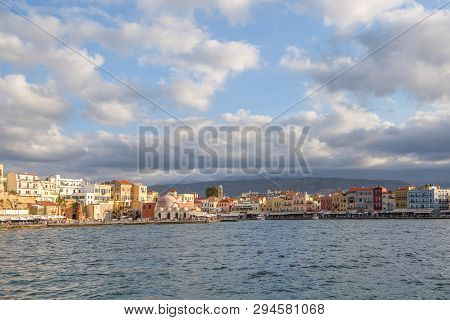 A Panorama Of The Harbor City Of Chania. View Of The Emarald Sea, Interesting Landscapes, Colorful H