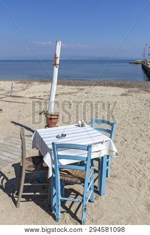 Typical Greek Restaurant At The Beach Of Nea Fokea, Kassandra, Chalkidiki, Central Macedonia, Greece
