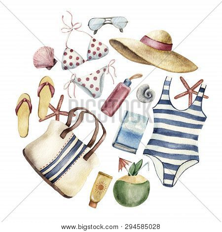 Summer Apparel For Beach Vacation Bikini Swimsuit Floppy Hat Flip Flops Sunglasses Coconut Sun Prote