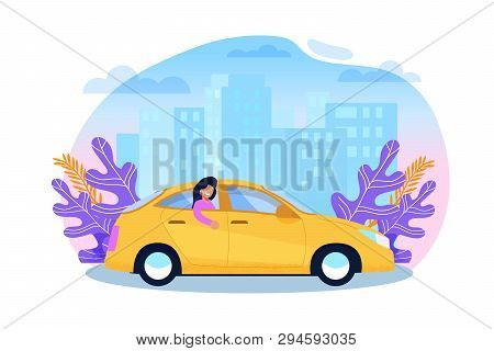 Yellow Cab Service. Woman Tourist In Sedan Cartoon Illustration In Trend Color. Urban Carpool Transp