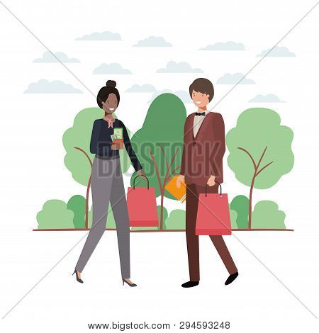 Couple With Shopping Bag A In Landscape Vector Illustration Desing