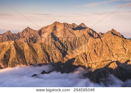 Mountains Landscape With Inversion In The Valley At Sunset As Seen From Rysy Peak In High Tatras, Sl