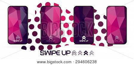 Triangular Polygonal Geometric Abstract Background With Swipe Up Icon. Bright Violet And Dark  Purpl