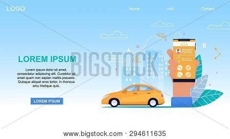 Mobile Taxi Service App. Yelloow Cab Flat Illustration. Hand With Smartphone And Driver Check Route 