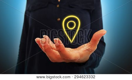 Businesswoman On Blurred Background Holding Hand Localisation Map