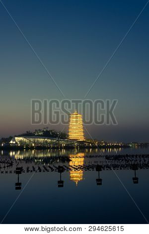 Changan Tower At Night, New Landmark Of Xian, Shaanxi, China