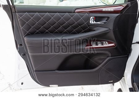 Interior Of A Luxury Car With Leather Interior Overtightened Stitching In The Form Of A Diamond Of W