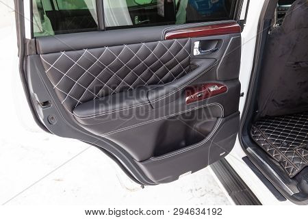 Interior Of A Luxury Car With Leather Interior Overtightened Stitching In The Form Of A Diamond Of W