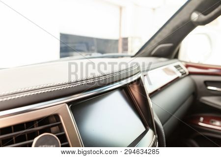 Interior Of A Luxury Car With Leather Interior Overtightened Stitching In The Form Of A Diamond Of W