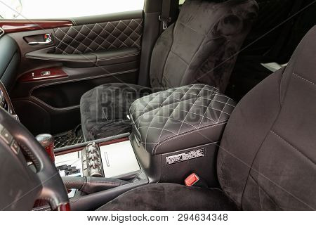 Interior Of A Luxury Car With Leather Interior Overtightened Stitching In The Form Of A Diamond Of W