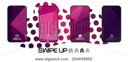 Triangular Polygonal Geometric Abstract Background With Swipe Up Icon. Bright Violet And Dark  Purpl