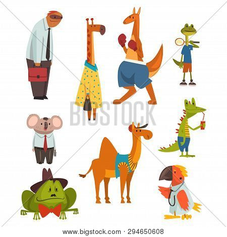 Animals Of Different Professions Set, Sloth, Giraffe, Kangaroo, Frog, Parrot, Coala Bear, Camel, Cro