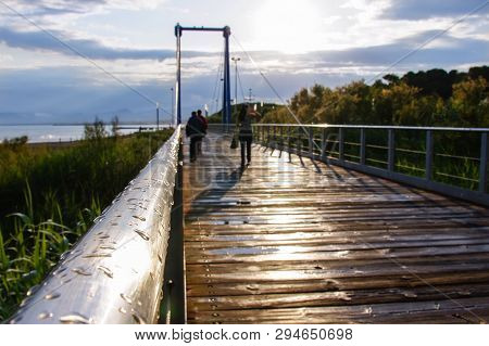 Droplets Of Water After The Rain On The Handrails Of The Bridge, Cambrils Costa Dorada Catalonia Spa
