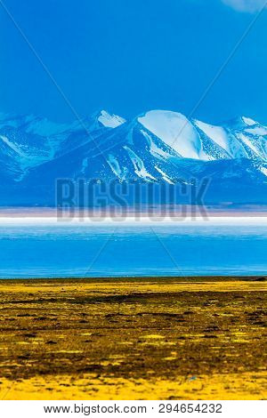 Hala Lake And Snow Capped Qilian Mountain Range , Qinghai-tibet Platea, China