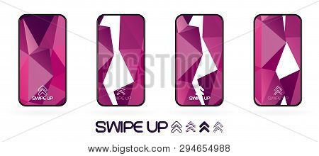Triangular Polygonal Geometric Abstract Background With Swipe Up Icon. Bright Violet And Dark  Purpl