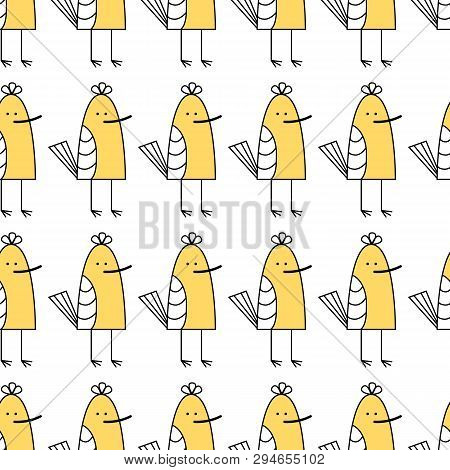 Vector Illustration. Small Baby Bird. Yellow Sandpiper On White Background. Seamless Birds Pattern