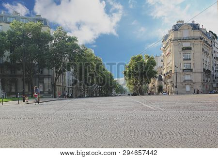 Paris, France - August 28, 2017: Nice Landscape In Paris Street With People And Buildings