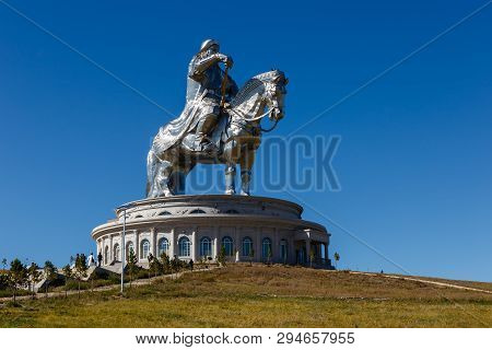 Tsonjin Boldog, Mongolia - September 14, 2018: The Giant Genghis Khan Equestrian Statue Is Part Of T