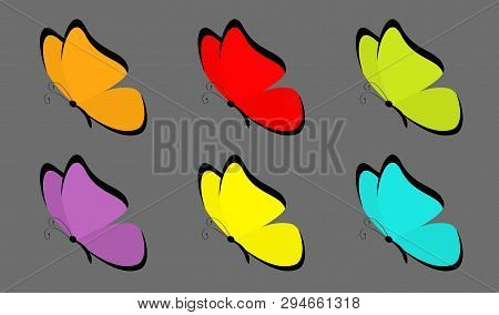 Butterfly Icon Set. Cute Cartoon Kawaii Funny Character. Colorful Blue Red Yellow Green Orange Viole
