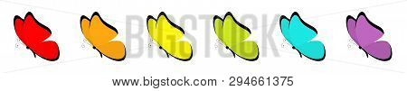 Butterfly Icon Set. Rainbow Color Red Orange Yellow Green Blue Violet Wings. Cute Cartoon Kawaii Fun
