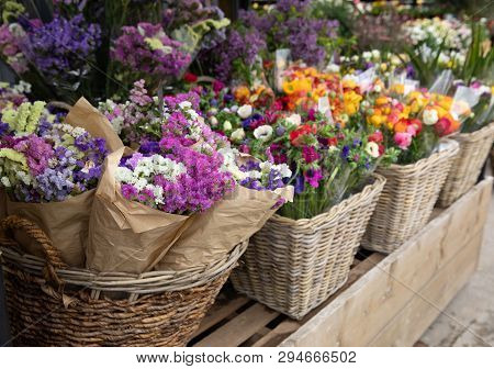 Everyday Flowers Counter With Variety Of Fresh Cut Flowers Such As Statice Salem Or Limonium Sinuatu