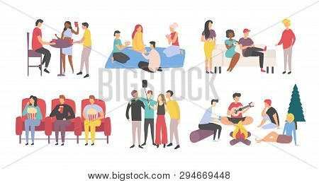 Recreation, Friends Pastime Together And Meeting Vector. Party In Bar And Picnic, Coffee House And C